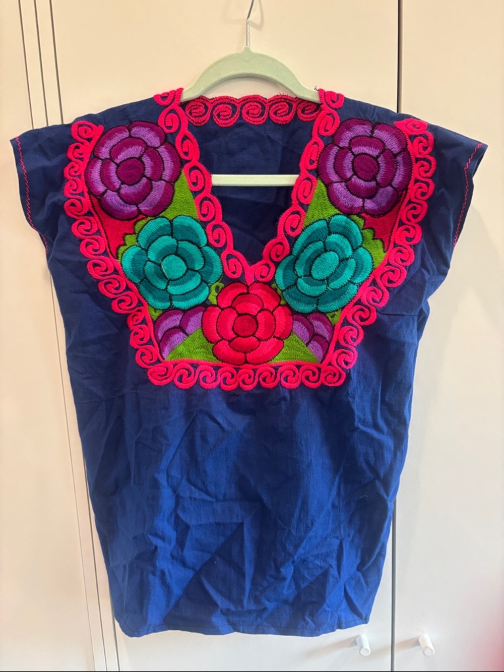 Mexican Embroidered Floral Navy Women's Top with Fuchsia Accents